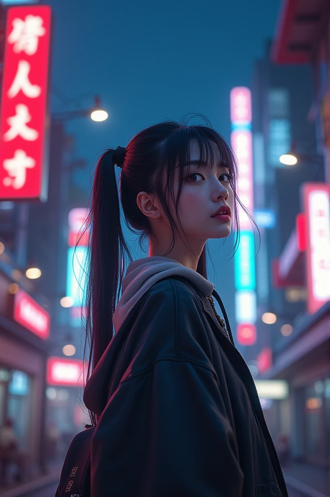 masterpiece, best quality, HuTaoV4, 1girl, solo, blush, twintails, long hair, hair between eyes, ((streetwear clothes)), city, outdoors, night, movie poster, extremely detailed 8K, smooth, high resolution, ultra quality, cinematic lighting, ambient occlusion, hd, 2k, 4k, 8k, 16k, extremely detailed anime, detailed faces, perfect composition, wide shot, atmospheric lighting, very sexy, lift skirt, random low back angle, uncensored, nsfw, sin censura