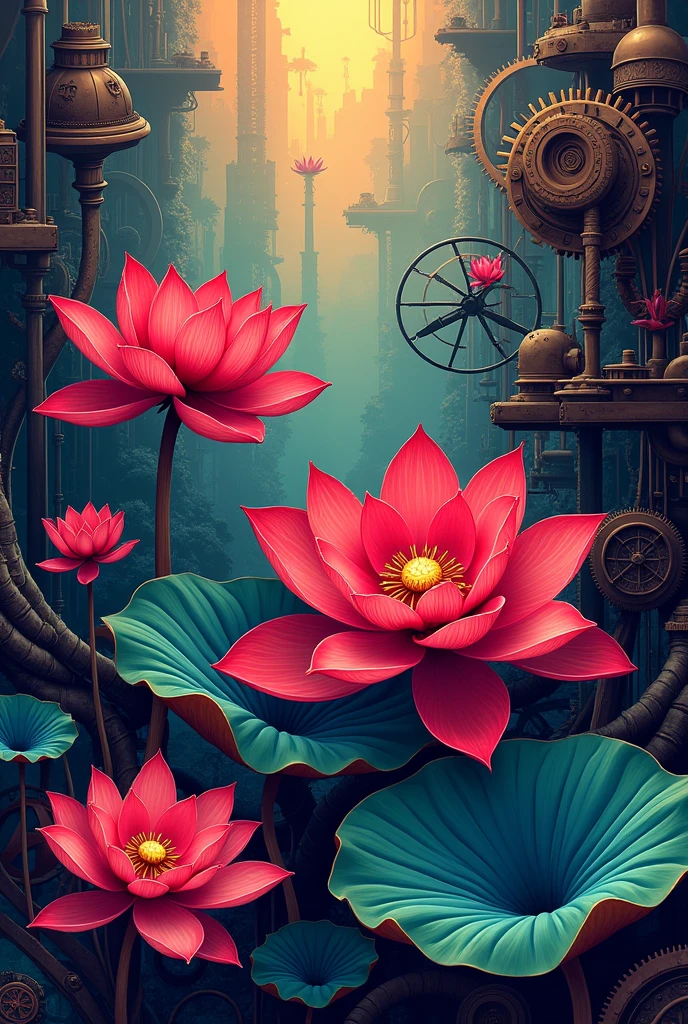 Red lotus flowers on a steampunk background in pop art style