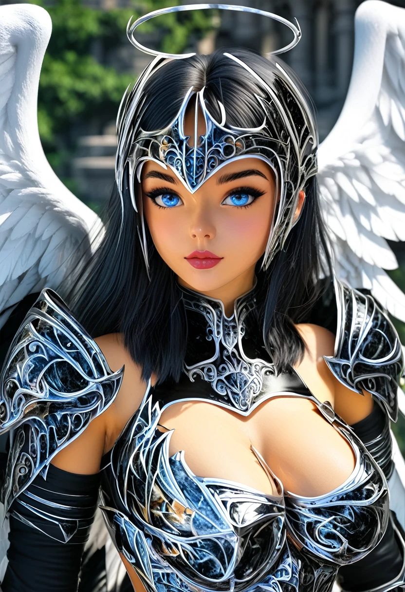 1fullbodyimage of woman in a black and silver outfit with wings wielding a katana, beautiful dark angel girl, warrior angel, villainess has black angel wings, angel knight gothic girl, angel in glossy metallic black and silver armor, crown in armour, stuning fantasy 3 d render, angel knight girl, cinematic volumetric lighting, ultra realistic, shot with Sony Fx6