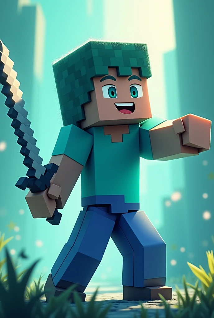 Make a minecraft charcter with smile and holing sword and of blue fade and green
Not zomibe
And also with only face