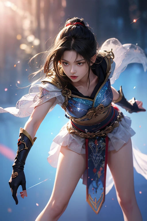 1 beautiful girl in Japanese Ninja girl Kunoichi costume, white smallest breasts:1.9, breasts chest, slim waist, purple fishnet socks, Japanese Ninja style, fictional art texture, colorful bright and realistic, RAW Photo, Realistic Photo, ultra high quality 32k surreal photo, (effective fantasy light effect:1.8), 100x pixels, magical effect (Background:1.8), ultradetailed eyes, close up shot, dynamic pose, leaning forward,Intense battle scene,Dynamic swordsmanship,Not wearing underwear,((Thin legs)),(Small waist),((Flat Chest)),(Are thin),(Swordsmanship),(Swordsman),強豪の女流Swordsman,