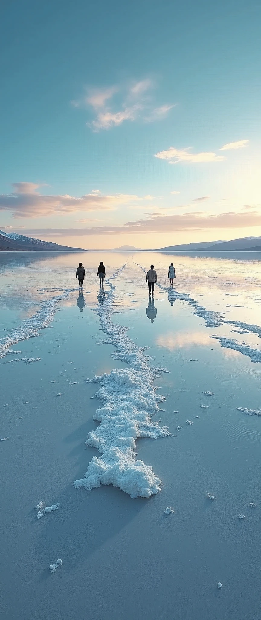 (masterpiece:1.2,Highest quality,Ultra-high resolution,Very detailed,Realistic,RAW Photos:1.2,Elaborate photos),8k,wallpaper,(Ray Tracing),Bolivia,Uyuni salt lake,People are standing,The flattest place in the world,(A majestic salt lake,A depiction of the beautiful, endless expanse of water,Diffuse reflection of light),(A photograph capturing the magnificent scenery reflected on the water's surface:2.0)