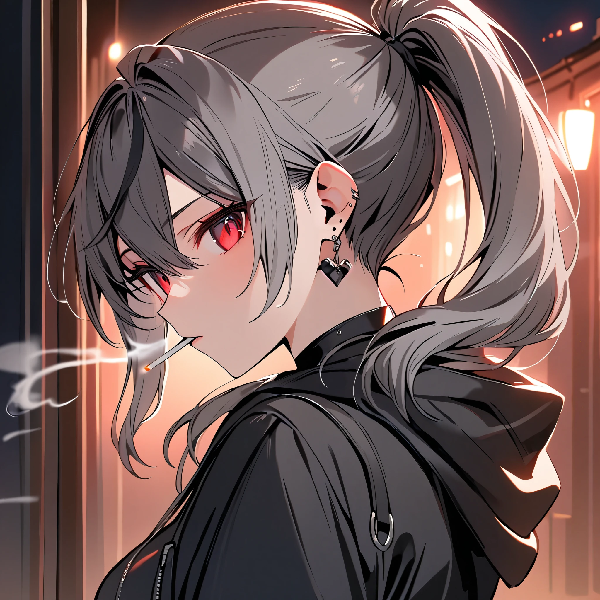 good looking, alone, 1 female, ponytail, Black hair with smoky grey tips, Red eyes,Earrings, Black Shirt, Black and white hooded, smoking, night, Black light