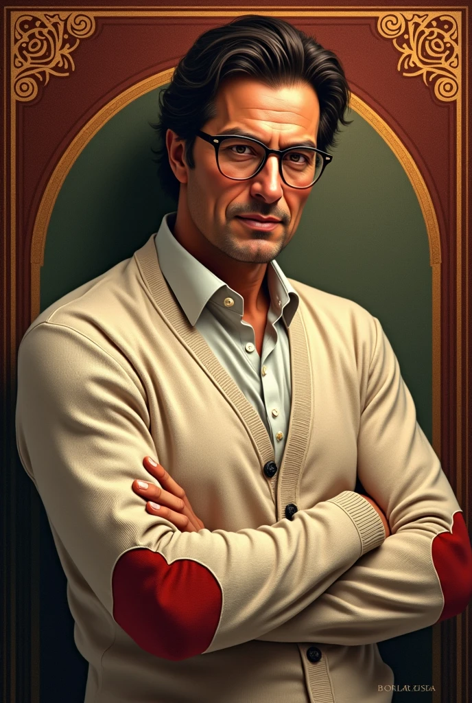 A portrait of [the Imran Khan select a book in the library]. The [Imran Khan] is wearing a [glasses on a chain] and a [cardigan with elbow patches]. The [Imran Khan] is in [warm] colors of [maroon, cream and gold] in a decorative, art nouveau style. 