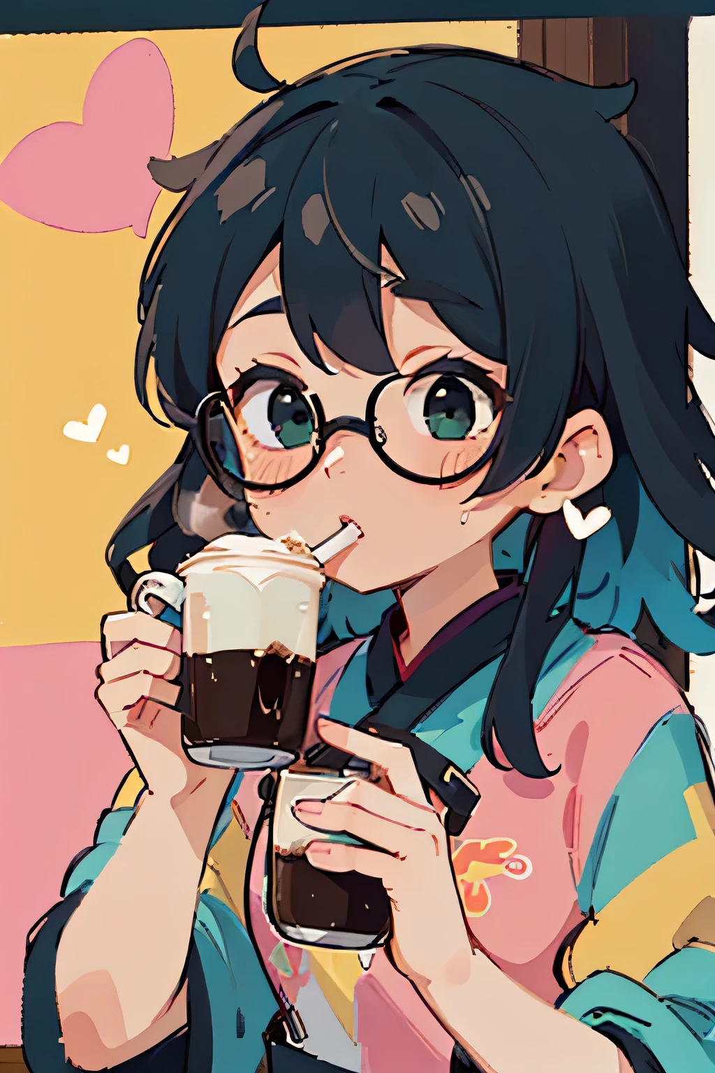 Keith Haring colorful style, Simple Line Initialism,Abstract art,Starbucks Coffee, (((The most beautiful girl of all time))), Sweet face. Lips in love, colorful hearts, (((stylish design))), (((黒い瞳))), (((Drinking coffee))), Stylish glasses