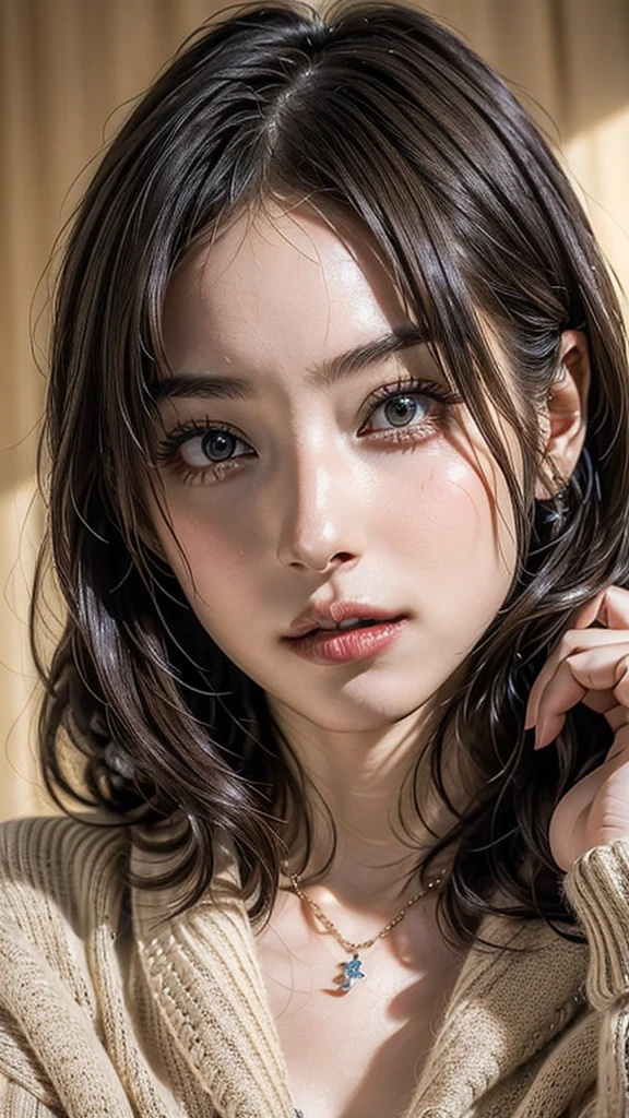 ((Beautiful Face:1.4)), (Purelos Face_v1: 1.0), (Highest quality, 8k, 32K, masterpiece, Ultra-high resolution:1.2),Beautiful Japanese Women Photos, Large Breasts, Very short bob hair,Upper Body,(Extra Large_sweater,:1.1) necklace, Simple Background, Look around,