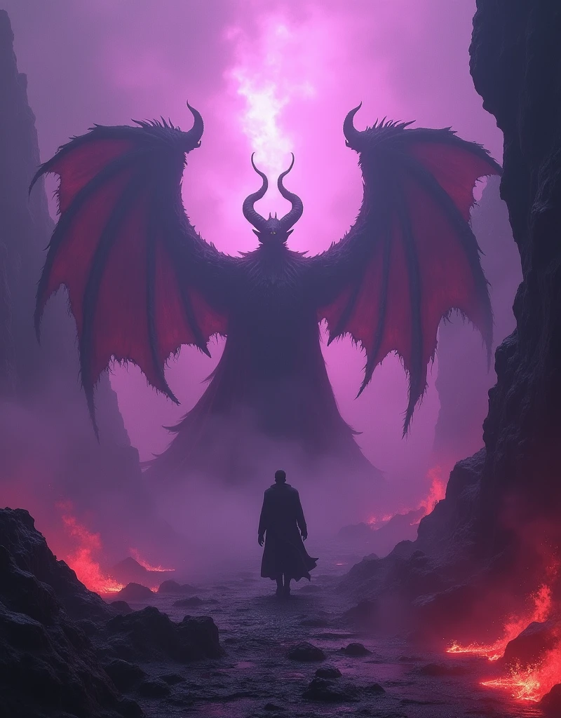((Purple mist and smoke shroud:1.7)), (Mysterious Fog:1.5),A figure that personifies evil, traditionally referred to as Lucifer, reigning confidently in an infernal landscape. He is surrounded by a host of monstrous creatures that are his legion. Fiery cliffs and molten rivers paint the background, while tormented souls populate the gloomy foreground. The awe-inducing grandeur of this hellish kingdom is something reminiscent of a nightmarish epic.