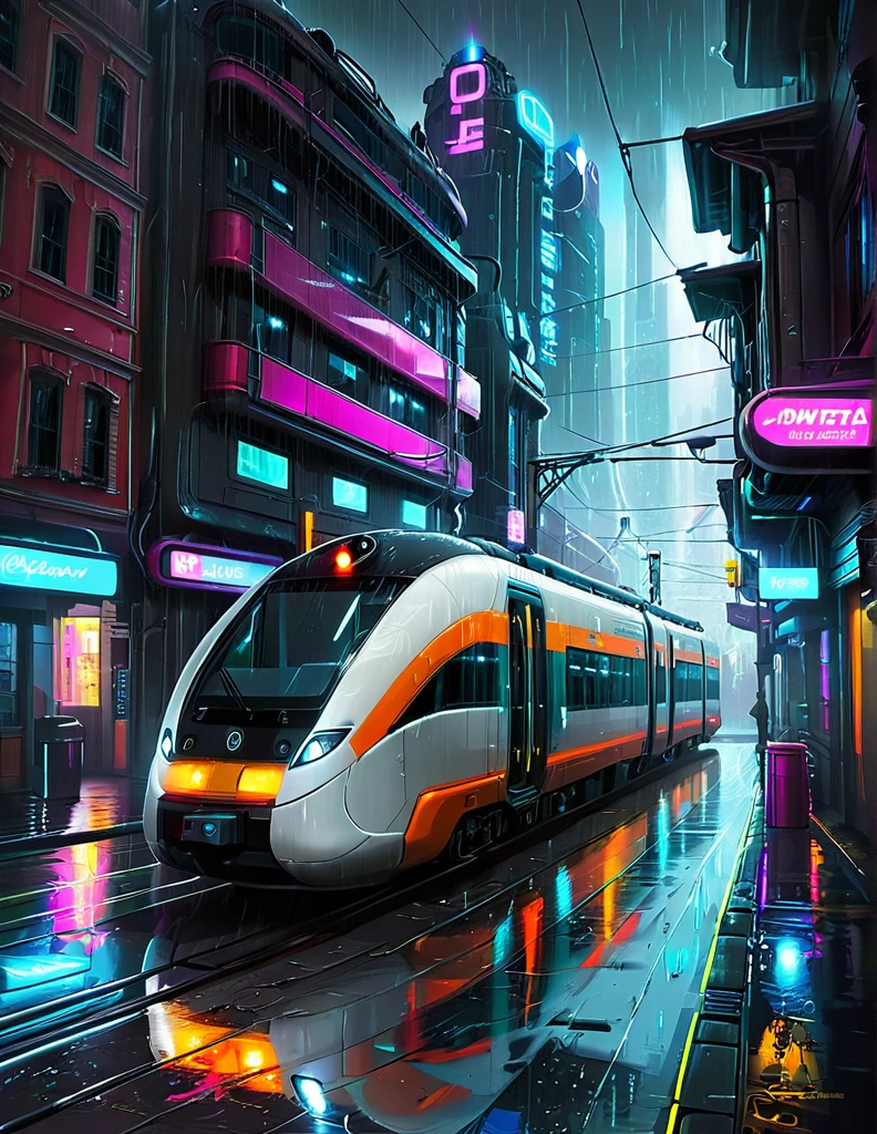 ((masterpiece)),((best quality)),((high detail)),((realistic,)) Futurist era city, architectural streets, bazaars, futuristic train lines, cyberpunk, buildings, night, European city, rainy, neon