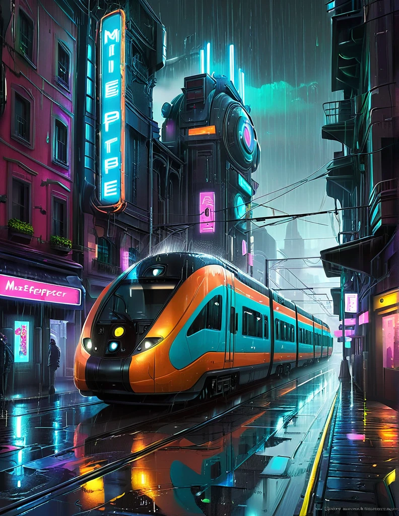 ((masterpiece)),((best quality)),((high detail)),((realistic,)) Futurist era city, architectural streets, bazaars, futuristic train lines, cyberpunk, buildings, night, European city, rainy, neon