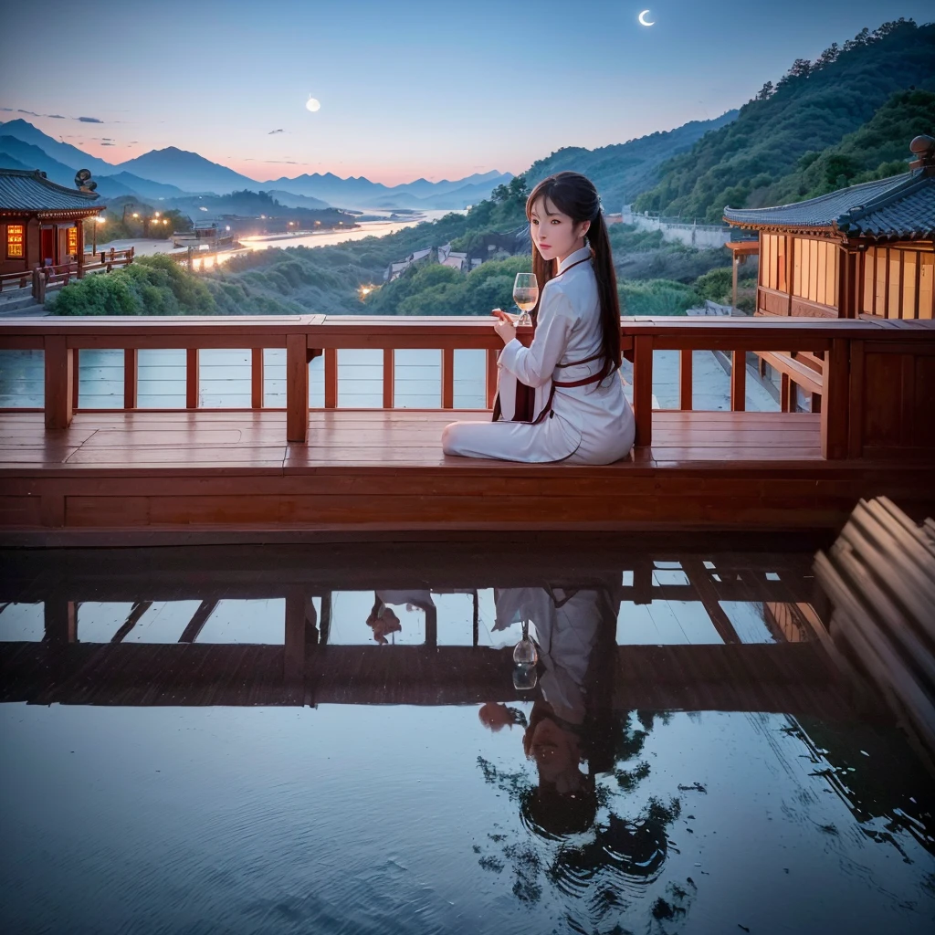 Please draw a painting of the Chinese poet Bai Juyi drinking wine while gazing at the moon in the mountains of Lushan.。(8k、Photorealistic、RAW Photos、Highest quality: 1.4)。