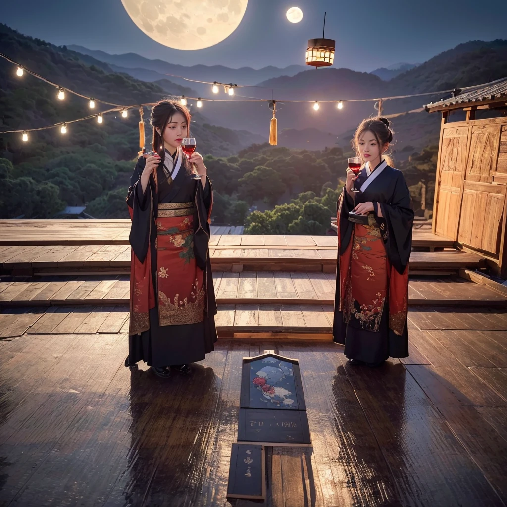 Please draw a painting of the Chinese poet Bai Juyi drinking wine while gazing at the moon in the mountains of Lushan.。(8k、Photorealistic、RAW Photos、Highest quality: 1.4)。