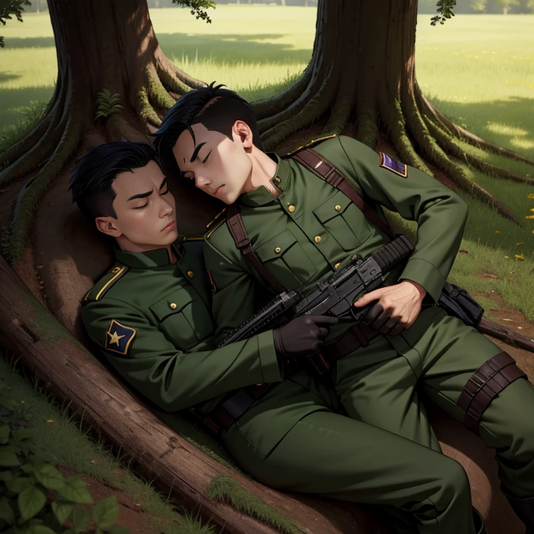 anime、Zeon Army soldiers、30 years old,One Man,、Dark green military uniform、White tights、Shocker Belt、Black gloves、Brown boots、With a handgun on his hip、Shot in the woods、Sleeping with legs stretched out on the ground under a tree　Screaming in pain　　logic, ,Black Hair。Pretty short and even shorter short hair、Handsome soldier　Asian Face　The crotch area of my pants is bulging