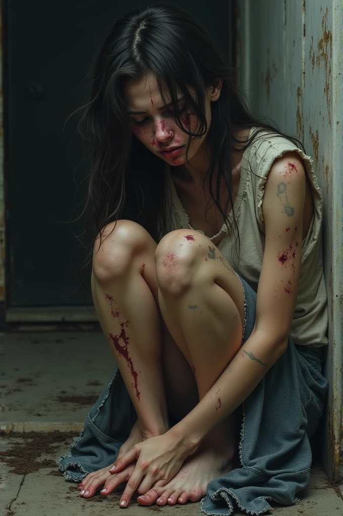 A girl sitting and crying with torn and tattered clothes brutally injured and beaten...whole body injured and face