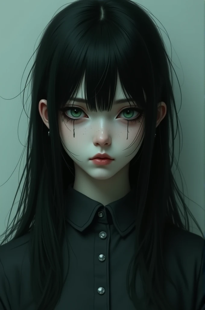 Girl, black hair, green eyes, emo, pale skin