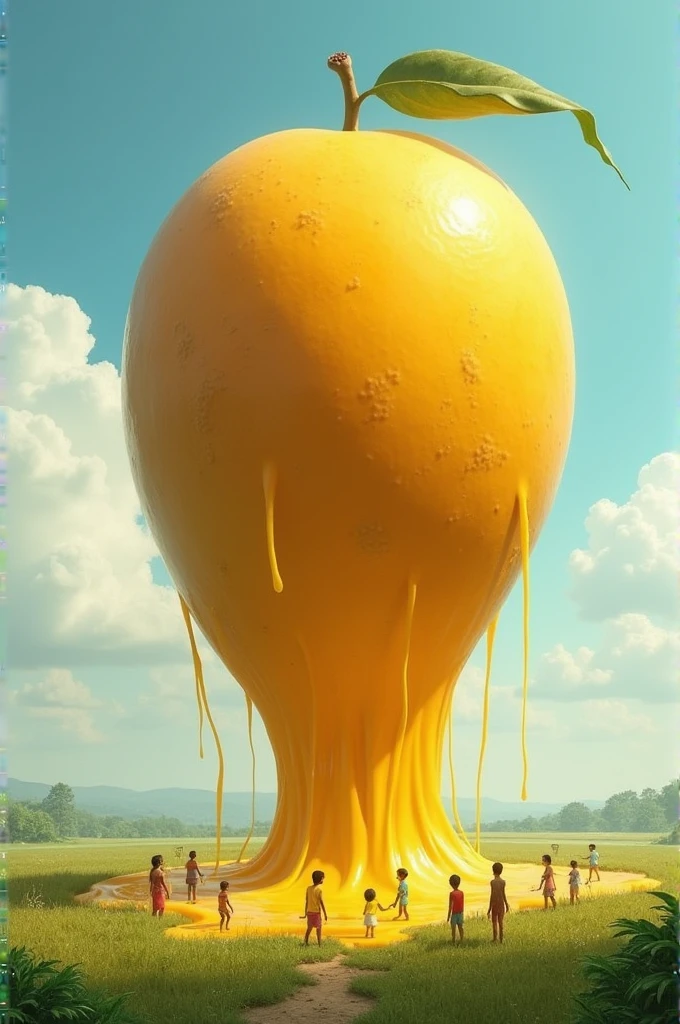 A mango stands in an open field the size of a five-story building and the juice is pouring out from the mango and children are scooping it up in bowls