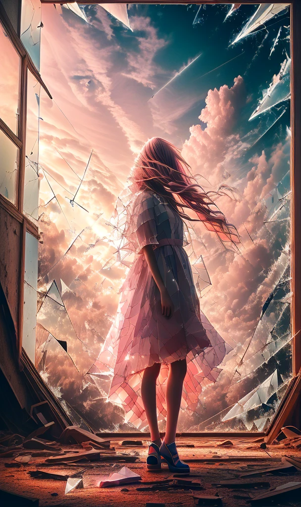 abandoned1girlsololong hair(pink hair:1.4)(shard of glass:1.4)
A shot with tension(sky glows pink,Visual impact,giving the poster a dynamic and visually striking appearance:1.2),
