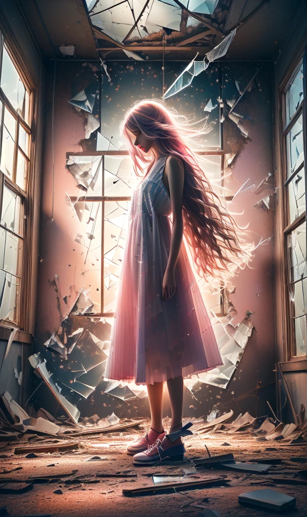 abandoned1girlsololong hair(pink hair:1.4)(shard of glass:1.4)
A shot with tension(sky glows pink,Visual impact,giving the poster a dynamic and visually striking appearance:1.2),
