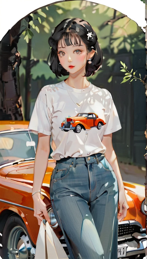 (((paper cutting style))), 1 girl, short black long hair, straight hair, shirts and denim, classic vintage car