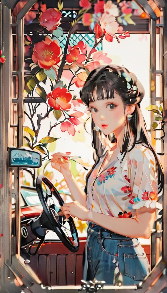(((paper cutting style))), 1 girl, short black long hair, straight hair, shirts and denim, classic vintage car