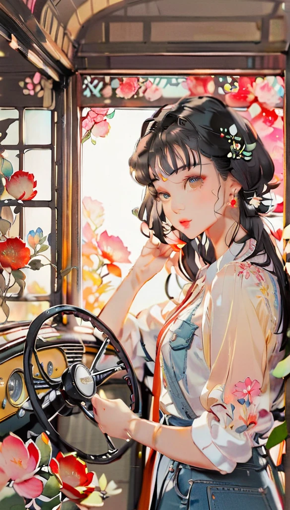 (((paper cutting style))), 1 girl, short black long hair, straight hair, shirts and denim, classic vintage car