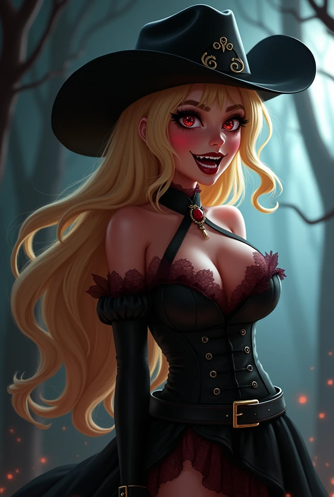 Apple Jack sexy halloween goth costume, dressed as a gothic vampire, fangs, sexy, beautiful, , ,mlpapplejacklow-tied long haircowboy hat, sultry, seductive