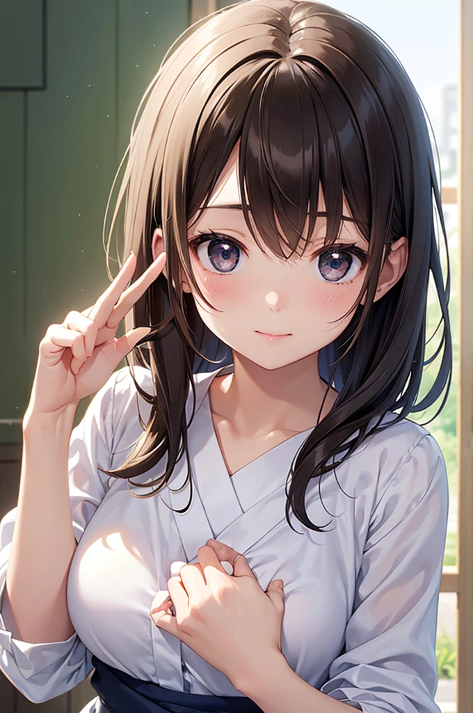 The detailed prompt for this image is as follows。
This image is、A super realistic live-action style portrait of a Japanese beautiful girl。Beautiful Girl、She has a naive and lovely expression、She is depicted making a peace sign with both hands。Her big eyes are deep brown、It shines brightly in the light。Her hair is a natural black color、The slightly messy feel enhances the realism。The skin is very smooth、Soft light is hitting it、Its texture is beautifully expressed。
The background is white-based、Bright and soft light spreads throughout the image、It is designed to make the beautiful girl, the subject, stand out more。Thin fabric clothing、It gives a modest and pure impression while、It highlights her natural charm。
As a photographic technique、Soft lighting using natural light is used for the subject、It realistically expresses the texture of the skin and the sparkle of the eyes。The focal length is set to be slightly shorter、The focus is on the subject's face、The background is slightly blurred、It further emphasizes the beauty of the girl。The photo was taken in a vertical format、Visually well balanced、Overall, it has a clean and transparent finish。
In this prompt、Emphasizing super realistic texture and soft lighting、It is required to bring out the cuteness and cleanliness of the beautiful girl