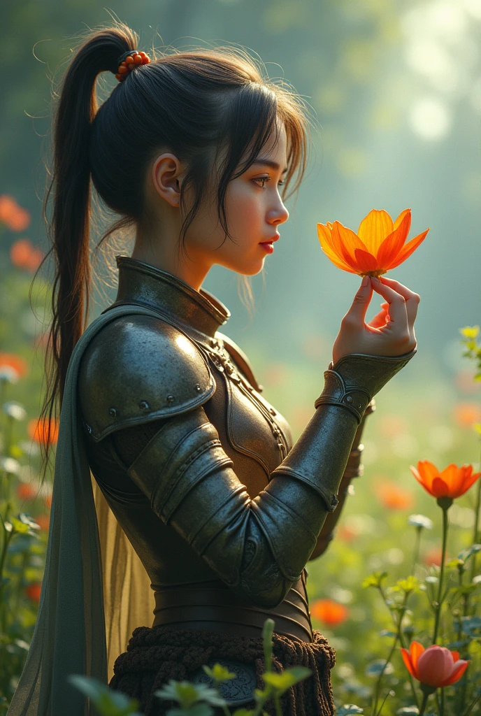 A warrior girl , smelling a beautiful flower , aesthetic , smiling , beautiful
