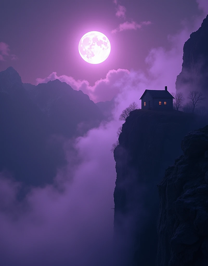 ((Purple mist and smoke shroud:1.7)), (Mysterious Fog:1.5), Generate an image portraying a horror ghost story unfolding in the high altitudes. Include chilling elements like an eerie full moon in a pitch-black night sky, an old decrepit cottage standing alone on a tall cliff, shadowy figures looming in the mist, and spectral apparitions floating around. The haunting swirls of fog should add to the unsettling ambiance. The terrain should be rugged and treacherous with steep slopes and sharp crags, adding to the sense of danger. The scene should invoke goosebumps and evoke a sense of chilling dread.