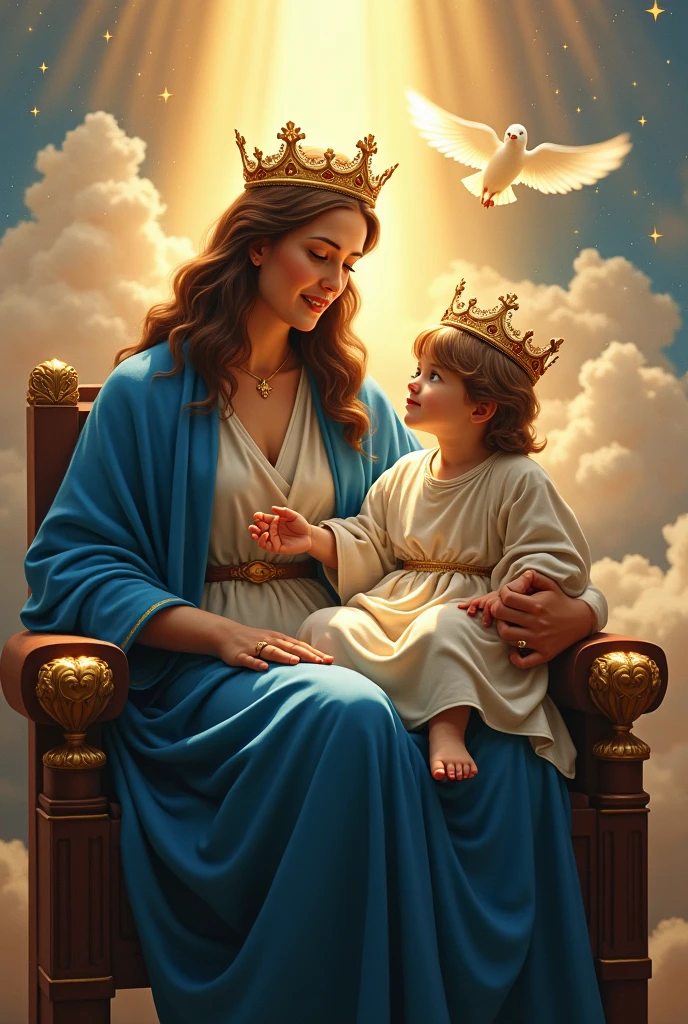 (photorealism:1.2), beautiful virgin Mary, handsome Jesus Christ and 7/seven years old baby Jesus, sitting in the three throne in kingdom of god that full of clouds, wearing the blue color of a king, queen and prince, the crown of lights, nice hair, heaven outdoors that full of clouds, brighter lighting, clouds and dove in the background, stars and sunlight, beautiful heaven of paradise, relaxed pose, realistic, intricate details, bright and warm colors,
