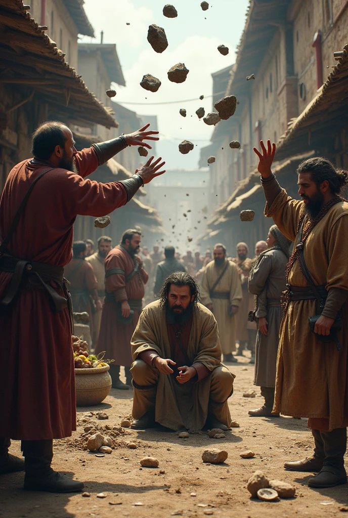 in a medievel market, the market people there are throwing rocks at a person