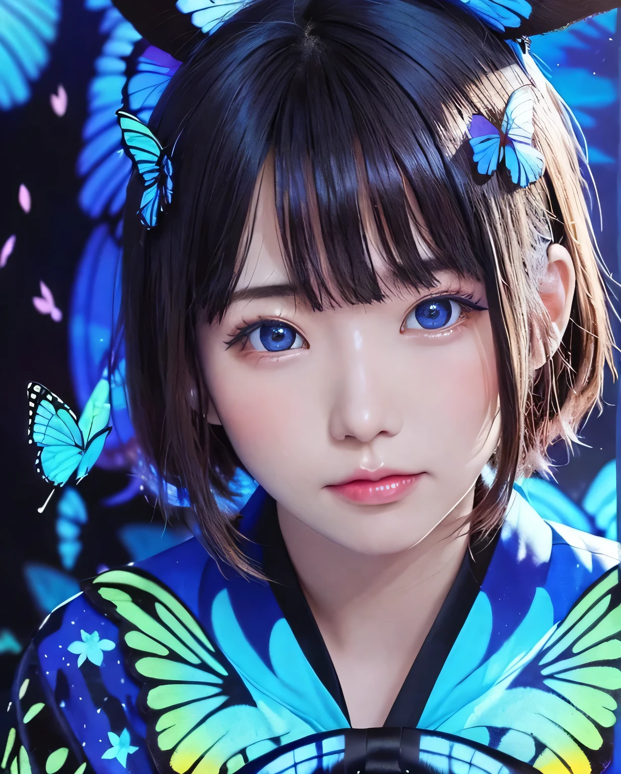 (Close-up), Portrait, Portrait, (solo), masterpiece, Highest quality, High contrast in clothing, psychedelic, [[[lsd]]], particle, Bloom, Neon lighting, (Glow), Flat Color, Color Splash、Color mashing、(kimono)、(Blue butterfly wings、Shining blue scales、A forest background with blue butterflies fluttering about)