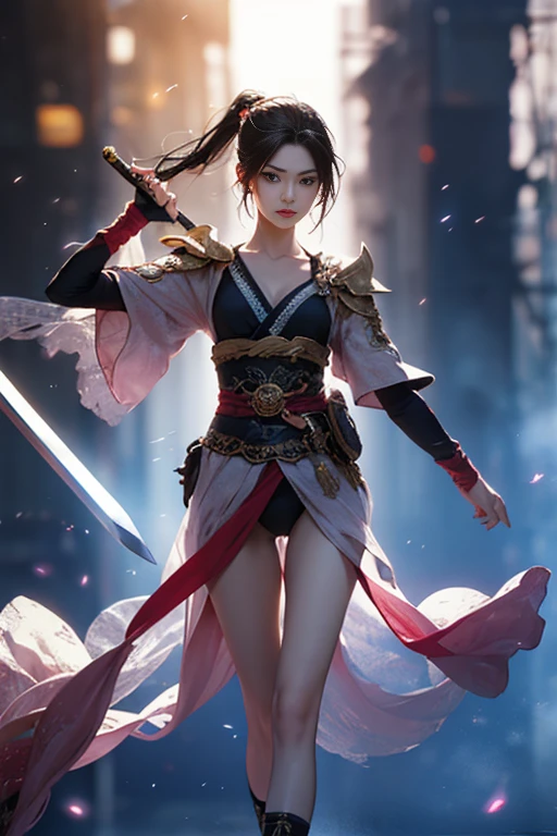 1 beautiful girl in Japanese Ninja girl Kunoichi costume, white smallest breasts:1.9, breasts chest, slim waist, purple fishnet socks, Japanese Ninja style, fictional art texture, colorful bright and realistic, RAW Photo, Realistic Photo, ultra high quality 32k surreal photo, (effective fantasy light effect:1.8), 100x pixels, magical effect (Background:1.8), ultradetailed eyes, close up shot, dynamic pose, leaning forward,Intense battle scene,Dynamic swordsmanship,Not wearing underwear,((Thin legs)),(Small waist),((Flat Chest)),(Are thin),(Swordsmanship),(Swordsman),強豪の女流Swordsman,((Standing straight, he swings a single strike with his Iaido sword.)),