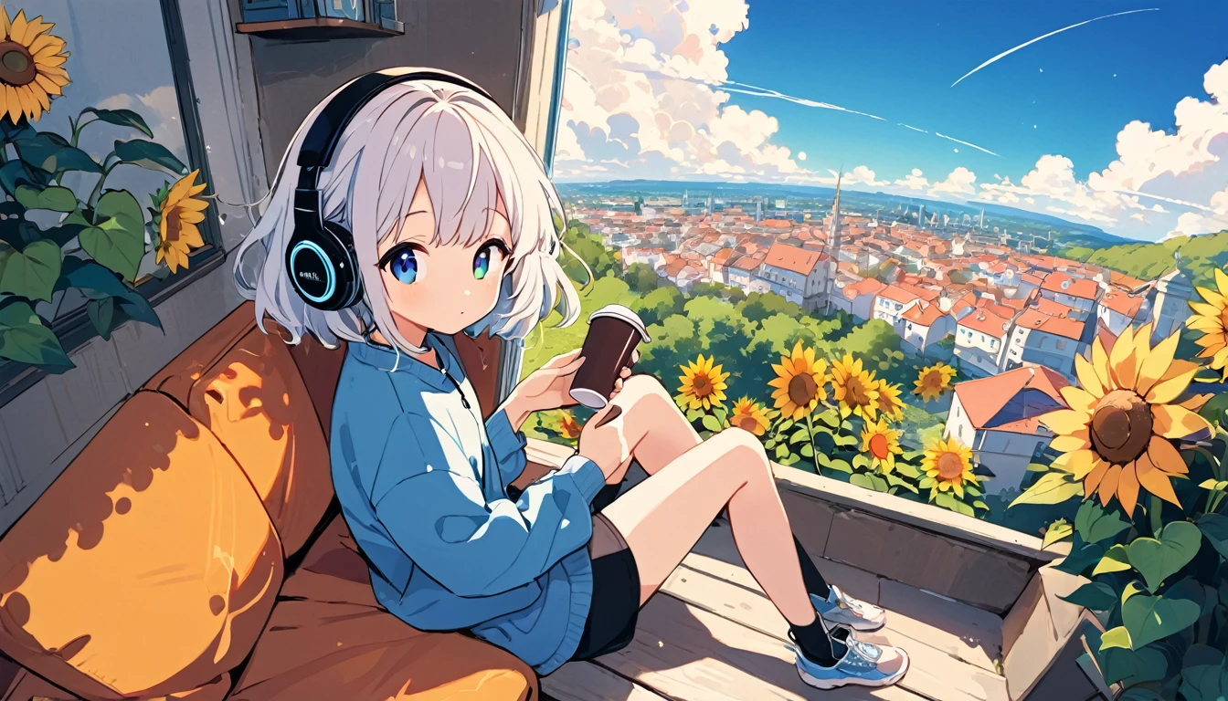 (masterpieces), (best quality), (ultra_detailed), more_details:1.5, perfect, AddNet Weight 1:1.0, Boldline,Weight 1:1.0, masterpiece, best quality, high res, alone, lofi girl, lofi artstyle, lofi art, city, town, Anime Girl, woman sitting on a couch with headphones on and holding a cup, listening to music, listening to godly music, listening to music at 2 am, vibing to music, with headphones, relaxing mood, early morning mood, high quality stock picture, photograph taken in 2 0 2 0, with head phones, girl wearing headphones, the girl on a windowsill, Better hand, better finger, extreme fisheye lens, heterochromia, multicolored eyes, split-color hair, Soft hair, flower, outdoors, sky, day, cloud, tree, blue sky, grass, plant, nature, scenery, stairs, sunflower