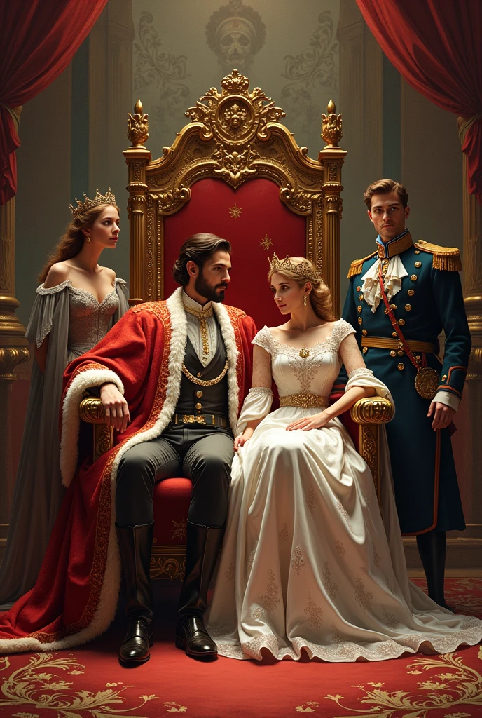 make a picture with the king and queen sitting on the crown seat. behind it and a prince with his lover. and on the side a prince and a soldier
