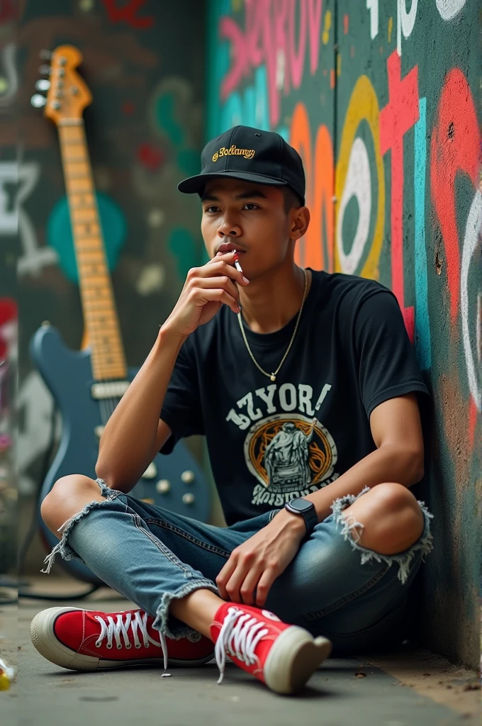 a skinny man from Indonesia is sitting on the floor enjoying a cigarette, electric guitar, black graphic t-shirt, back clip hat, torn jeans, red converse shoes, background of a wall full of graffiti, real photo, high resolution, 32k, cinematic