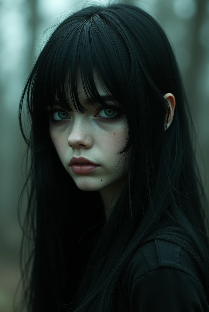 Girl, black hair, green eyes, emo, pale skin