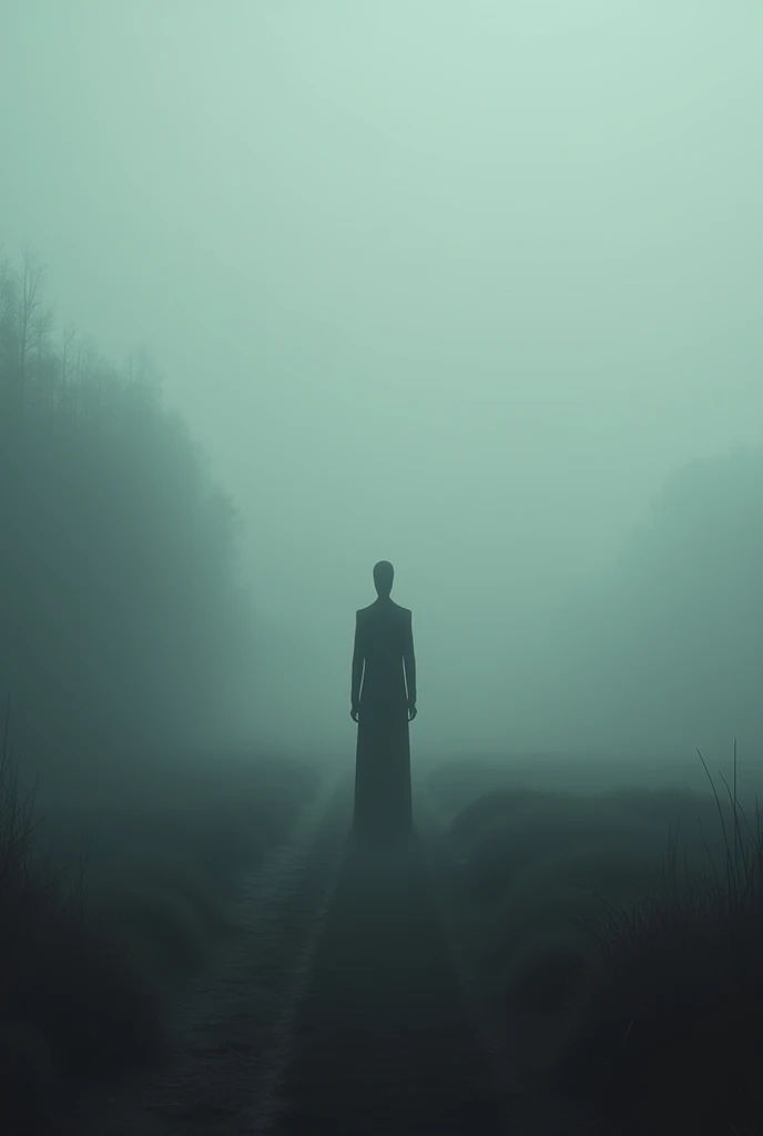 A wide view of an empty, fog-covered landscape with the shadowy figure of the Slender Man barely visible in the distance, creating an eerie atmosphere