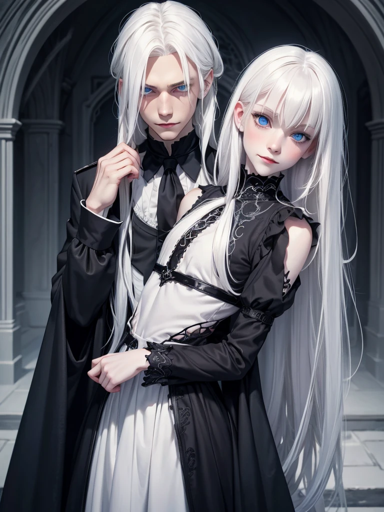 (best quality), 1boy, male, pale skin, white hair, medium hair, swept bangs, straight hair, blue eyes, perfect eyes, smile, blush, (gothic clothes), dark fantasy, skinny body, masterpiece, anatomically correct, highres
