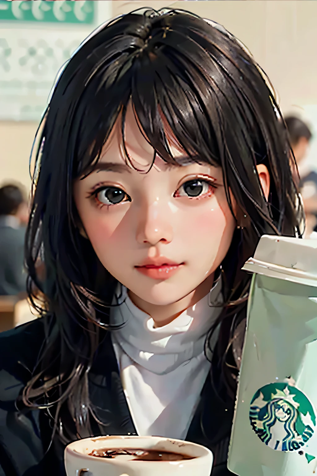 Keith Haring colorful style, Simple Line Initialism，Abstract art，Starbucks Coffee, (((The most beautiful girl of all time))), Sweet face. Lips in love, colorful hearts, (((stylish design))), (((黒い瞳))), (((Drinking coffee))),