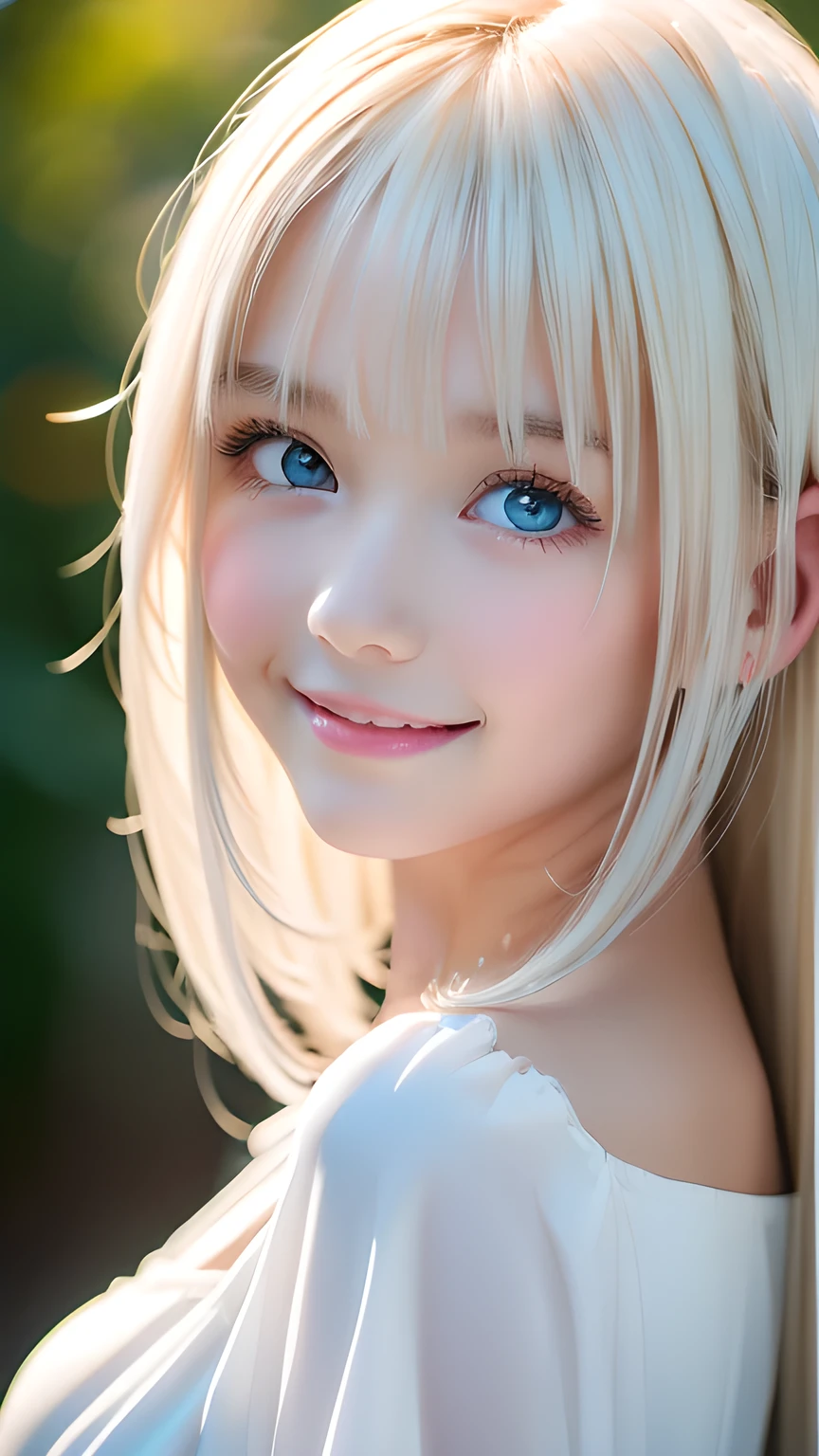 RAW Photos、(((A portrait of extreme beauty)))、((Radiant white beautiful skin))、1 person、A cute, child-faced, beautiful Nordic girl、((Glossy bright platinum blonde hair))、Cute clothes、Bangs that fall over the face、[Attractive, whitish, very light blue eyes]、Super long straight silky hair、eyeliner、Beautiful Bangs、Hair between the eyes、Fluttering Hair、smile、((masterpiece、最high quality、Super detailed、Film Light、Intricate details、High resolution、8k、Very detailed))、Detailed Background、8K  UHD、Digital SLR、Soft light、high quality、Film Grain、Fujifilm XT3 、Shallow depth of field、Natural light、（Perfect hands）、Small Face Beauty、Round face、Perfect beautiful face、Large Breasts