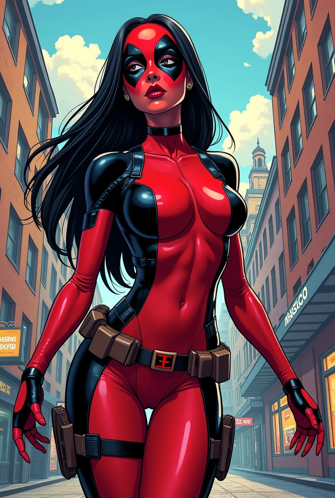 /imagine prompt: 25-year-old woman with long, straight black hair, light brown eyes, red lips and refined nose, wearing the Lady Deadpool costume and adopting the pose of the Marvel antiheroine. background, a 2D comic-style city, illustration, comic art style with vibrant colors and dynamic composition, --AR 16:9 --In the 5th