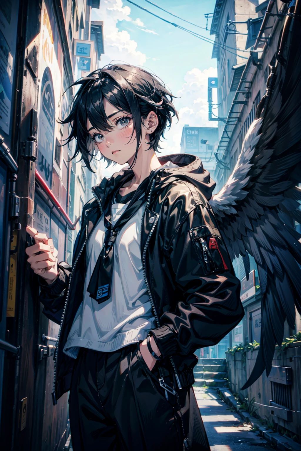 1fale,solo,cool and cute,Androgynous,black hair,short hair,gray eyes,black wing,angel