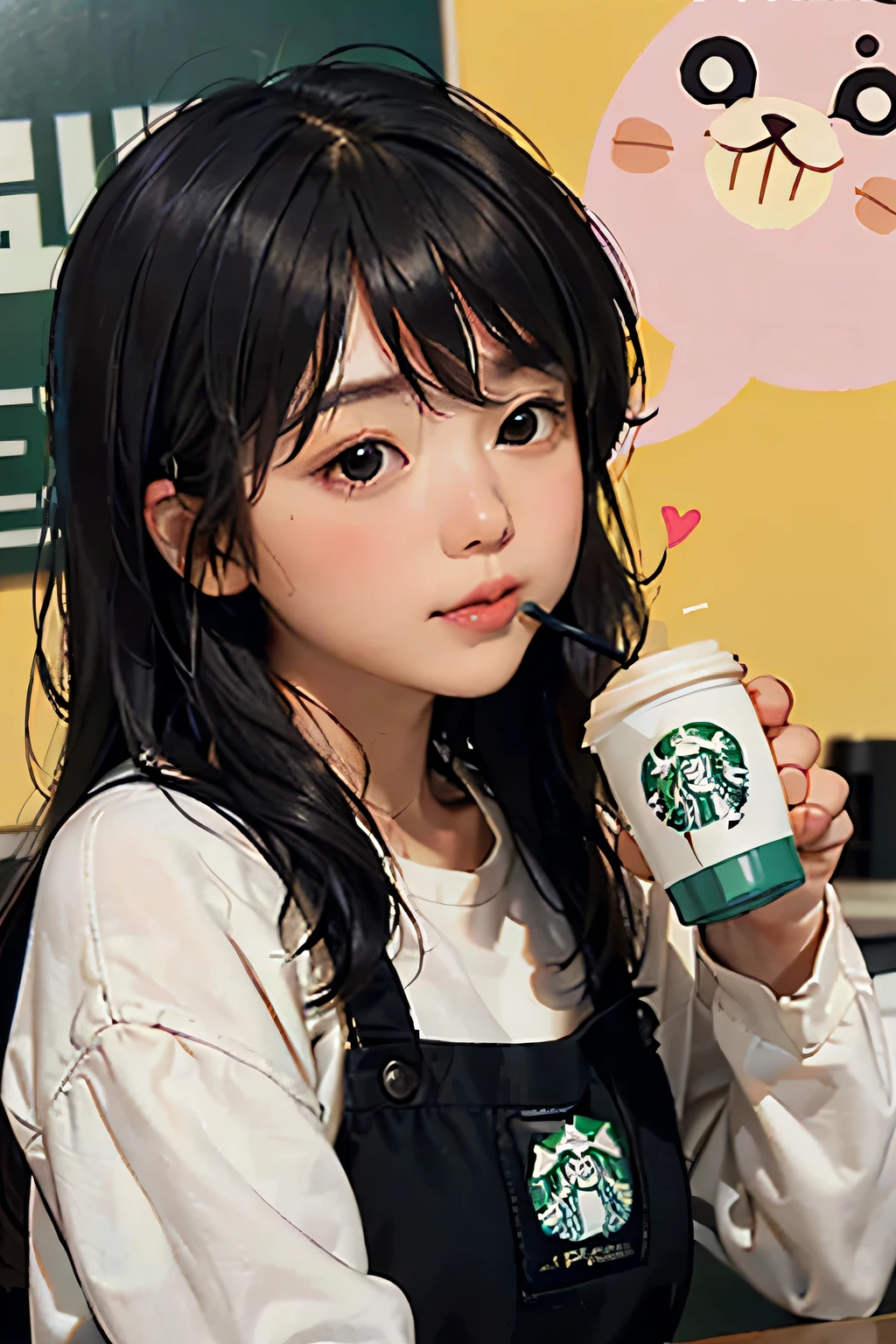 Keith Haring colorful style, Simple Line Initialism，Abstract art，Starbucks Coffee, (((The most beautiful girl of all time))), Sweet face. Lips in love, colorful hearts, (((stylish design))), (((黒い瞳))), (((Drinking coffee))),