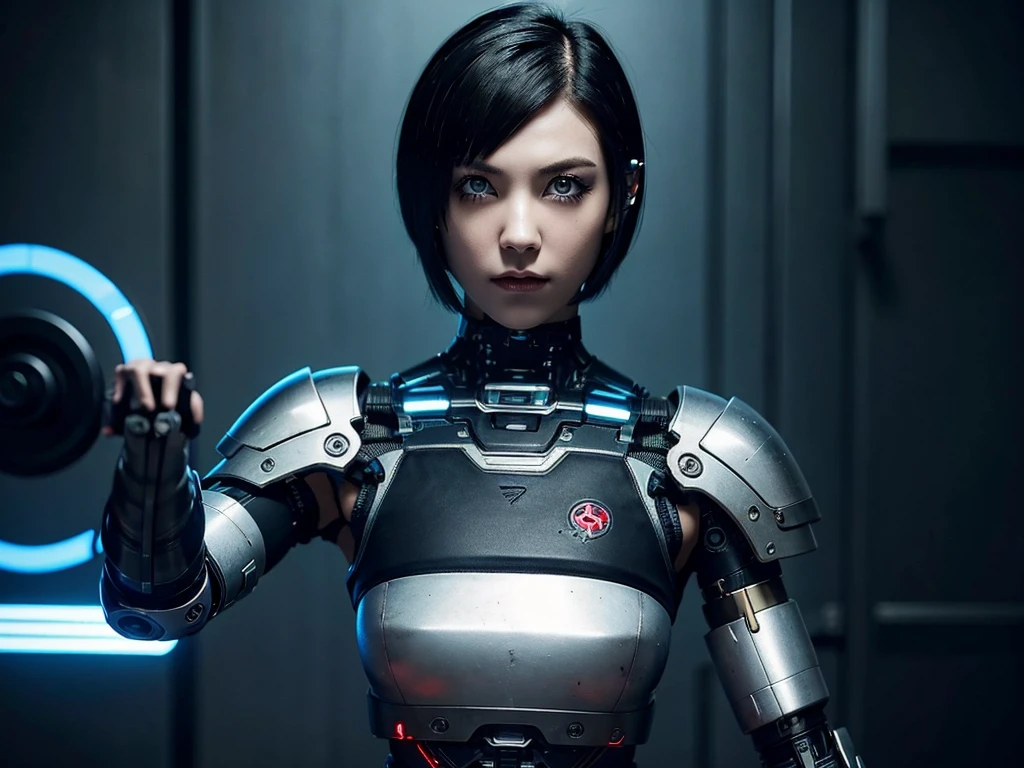 A cyborg girl with short bob black hair and forearms with metal plates embedded in her eyes.
