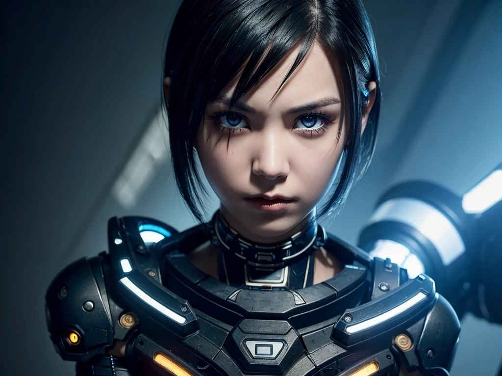 A cyborg girl with short bob black hair and forearms with metal plates embedded in her eyes.