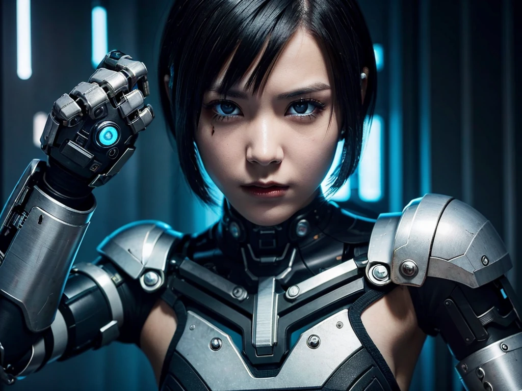 A cyborg girl with short bob black hair and forearms with metal plates embedded in her eyes.
