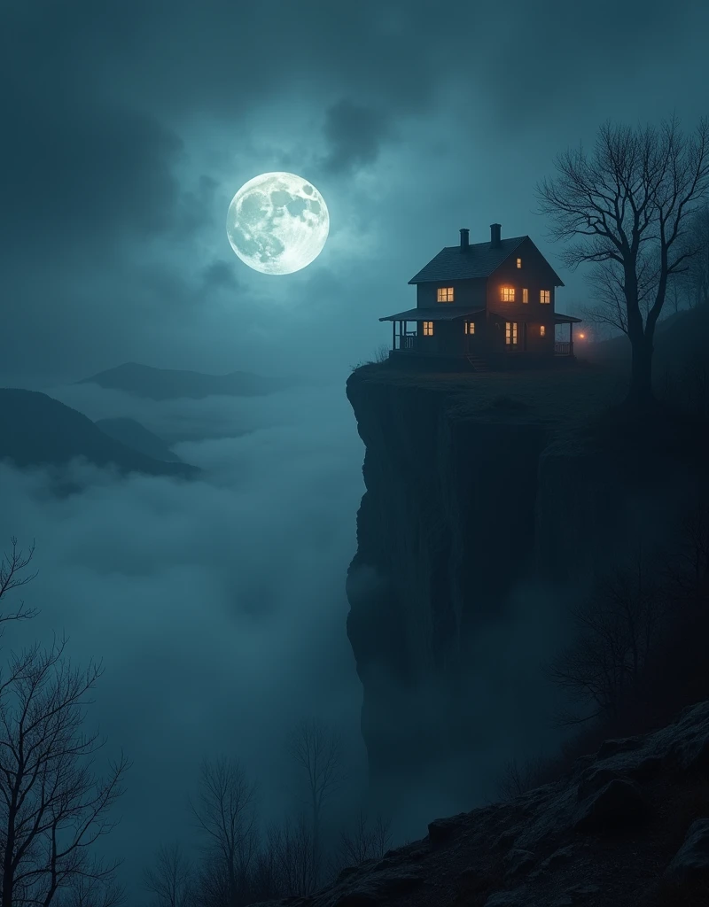 Generate an image that depicts a horror ghost story in a high-altitude area。Include creepy elements,For example, a spooky full moon in the pitch-black night sky、A , dilapidated cabin on a high cliff、Shadowy figures lurking in the fog and ghosts floating around。The eerie swirling fog should add to the unsettling atmosphere。The terrain should be rugged and treacherous,There should be steep slopes and sharp cliffs,Increase the sense of danger。The scene should make your skin crawl,Evoke a chilling sense of dread。