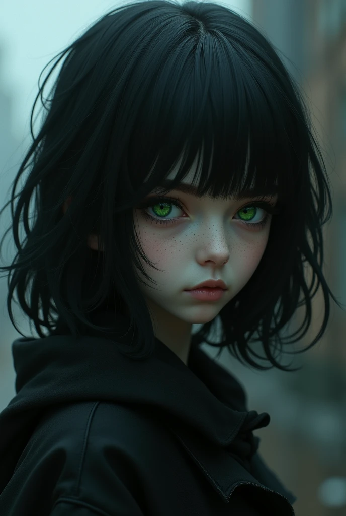 Girl, black hair, green eyes, emo, pale skin