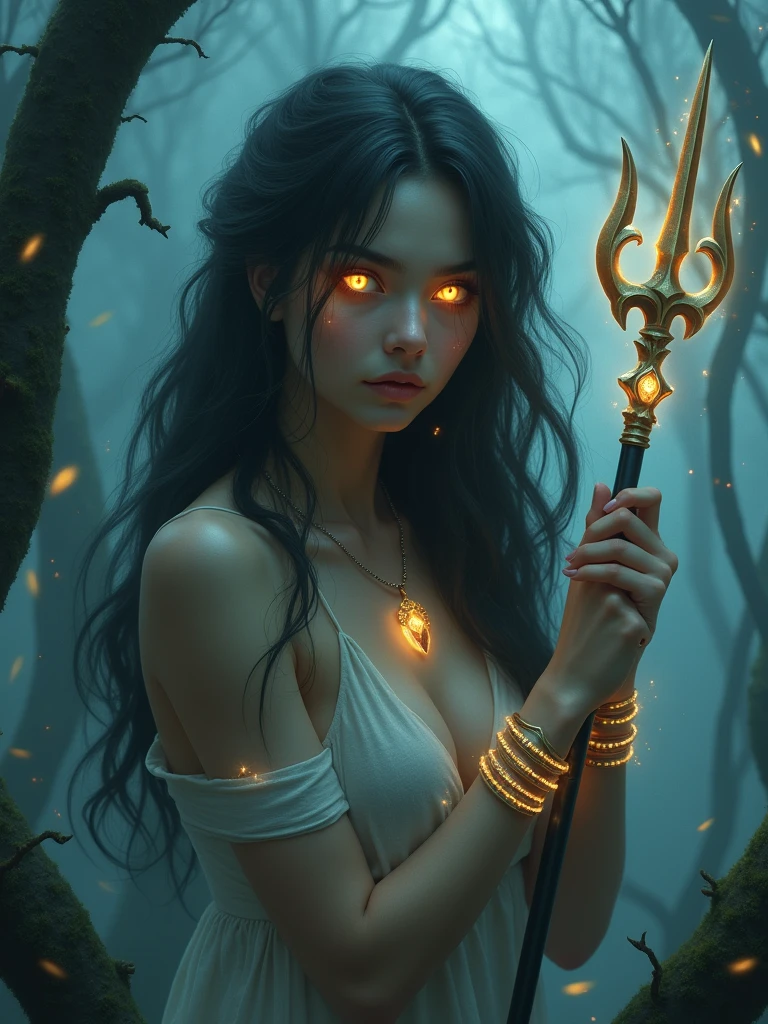 A hauntingly beautiful woman naked with long, flowing dark hair adorned with small, glowing gemstones is seen in a close-up amidst a dense, eerie fog in a mystical forest. Her eyes are the focal point, glowing with an intense, magical light that pierces through the surrounding mist. her face is partially obscured by the fog, adding to her enigmatic aura. She holds a glowing trident, which emits a soft, radiant light, illuminating the fog around her. Her glowing jewelry, including a radiant pendant, luminous bracelets, and shimmering rings, further enhances the magical atmosphere. The forest background is filled with twisted trees and faintly glowing magical runes etched into their bark. Strange, luminescent plants and ethereal, glowing creatures can be seen faintly through the thick fog. The overall mood is mysterious and slightly ominous, with muted colors and soft, magical lighting enhancing the sense of fantasy, enigma, and intrigue