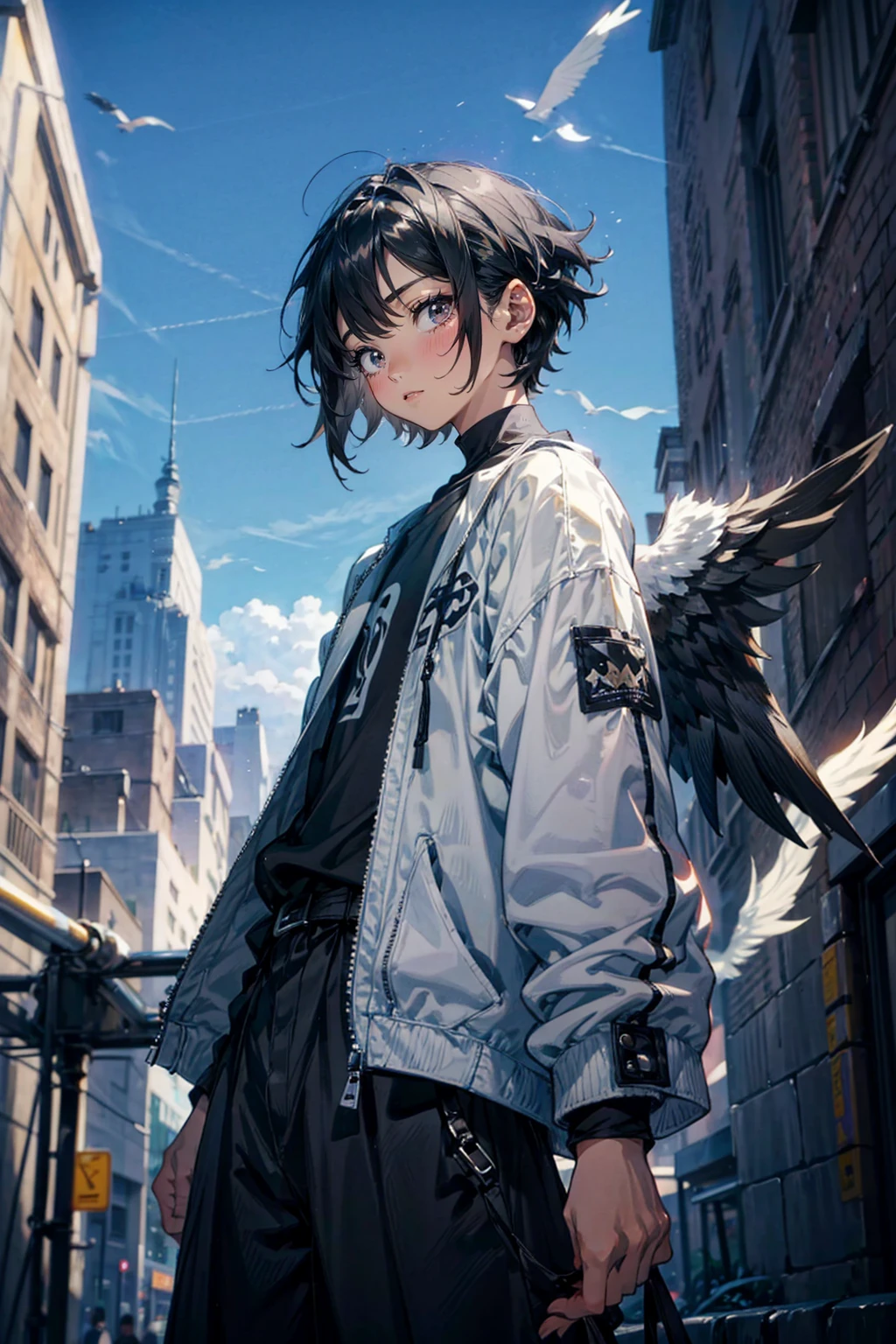1fale,solo,cool and cute,Androgynous,black hair,short hair,gray eyes,black wing,angel